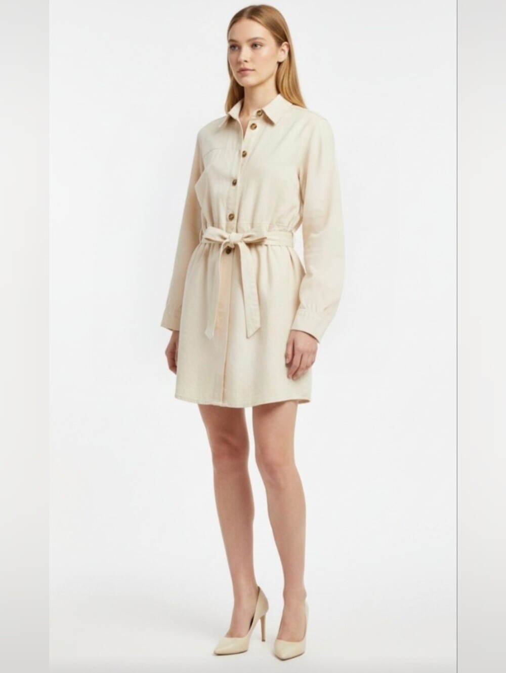 WHO WHAT WEAR! VANILLA CREAM DENIM TIE WAIST BELTED, RUFFLED DRESS, SHIFT! SZ L
